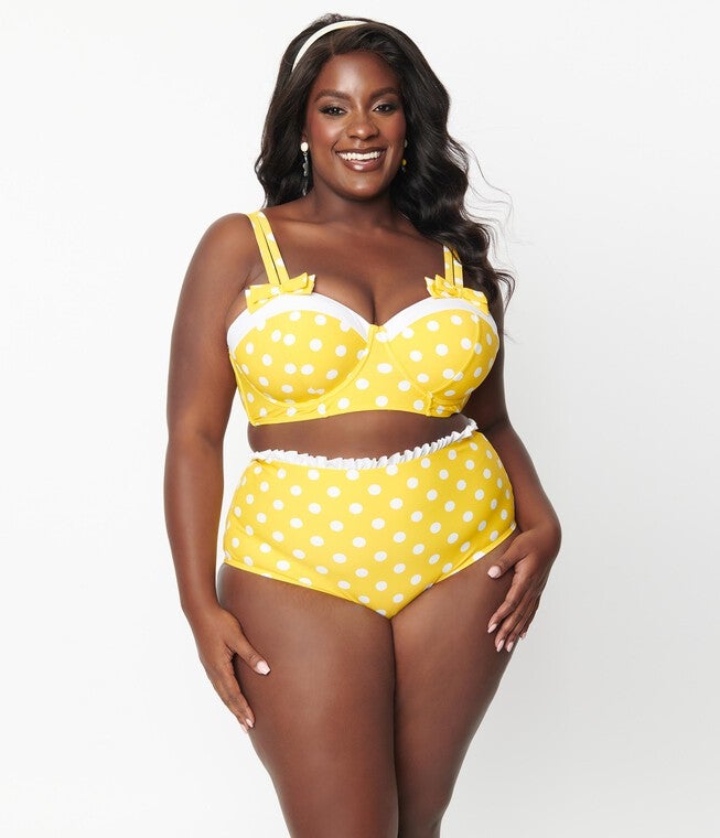 White Ruffle Swim Top, Yellow White Polka Dot / Yellow, hi-res image number null
