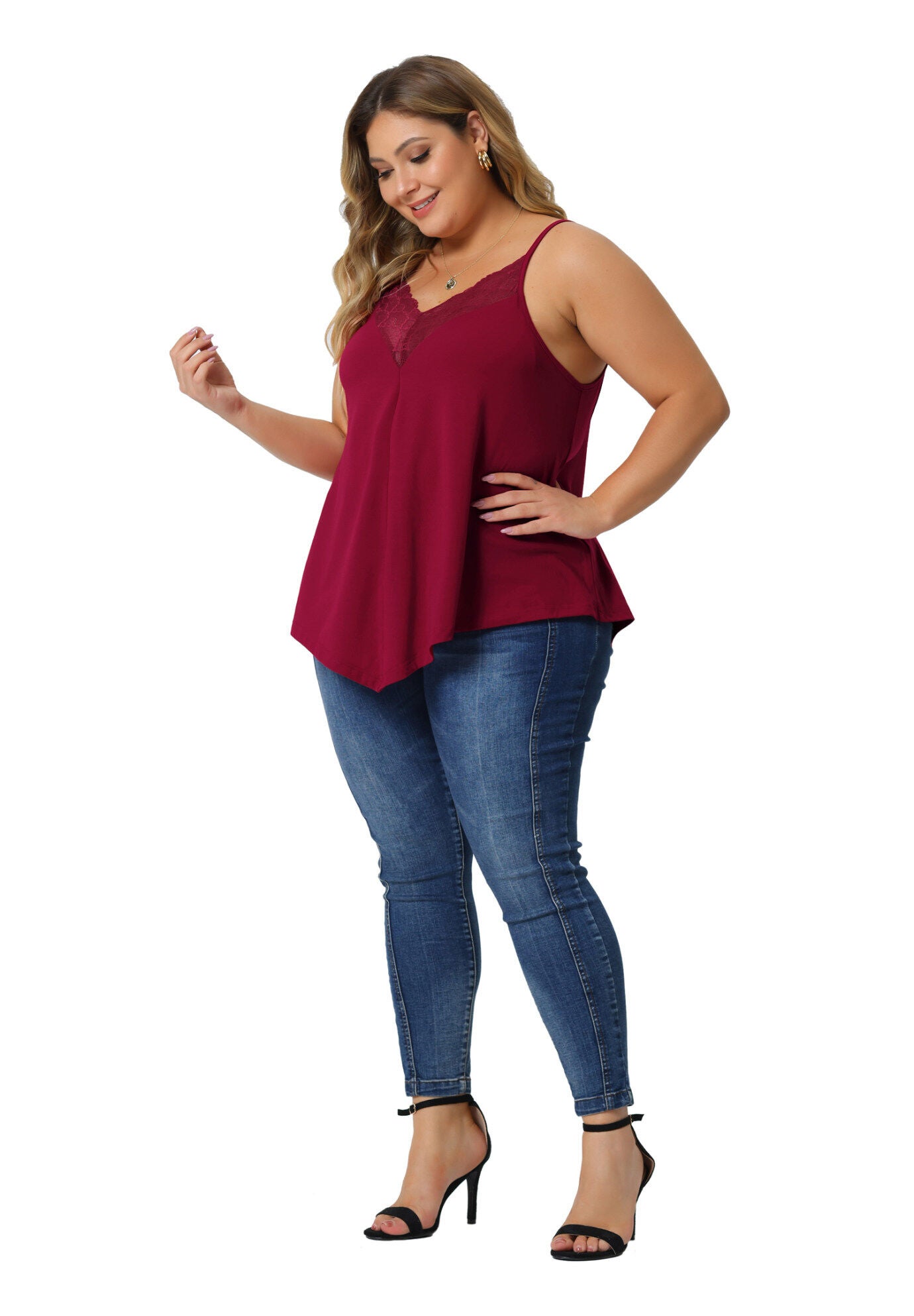 V-NECK LACE FRONT SPAGHETTI STRAP SLEEVELESS CAMI TANK TOP, Burgundy / Red, hi-res image number 0