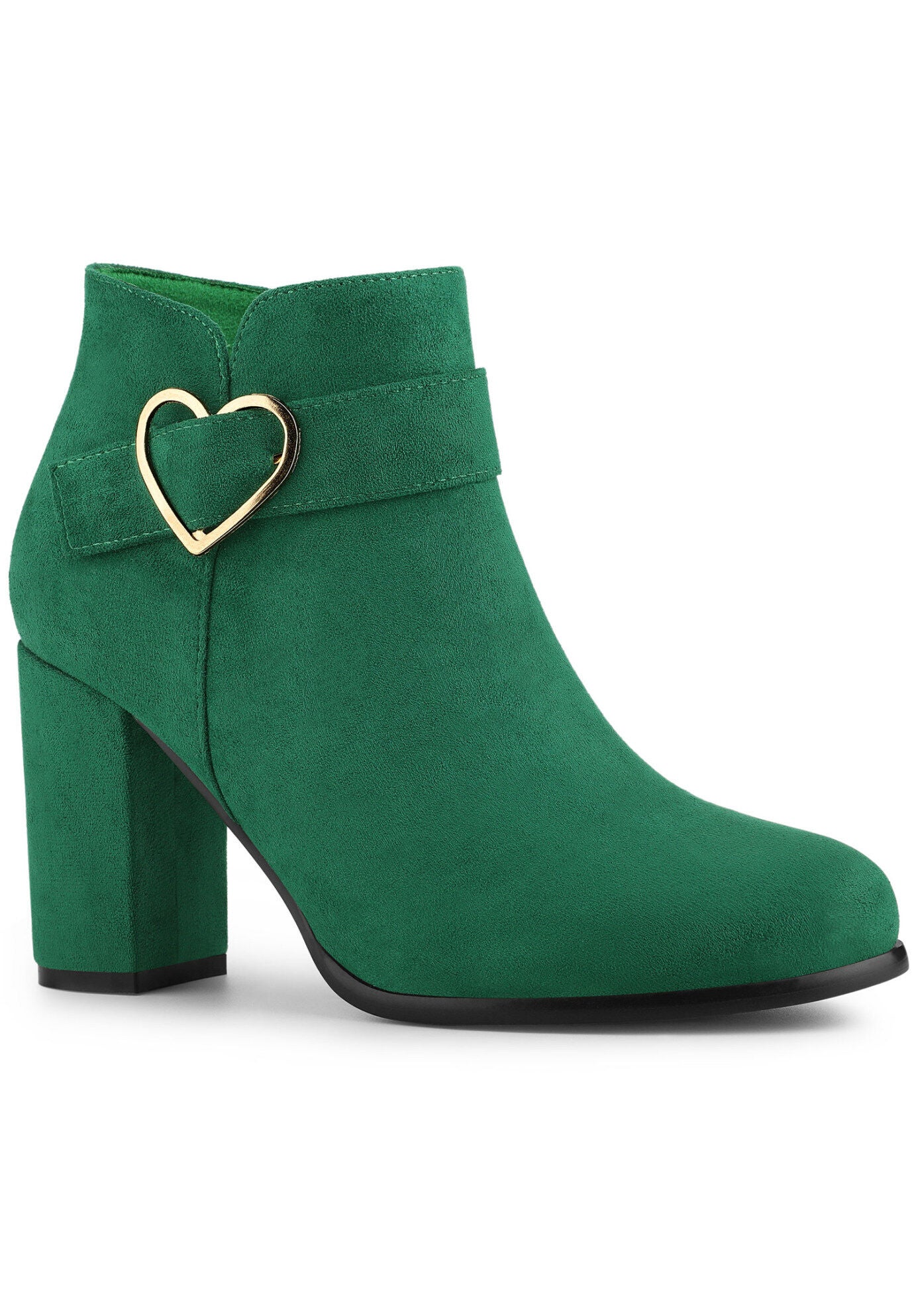 Heart Buckle Side Zip Chunky Heels Ankle Boots, Emerald Green / Forest Green, hi-res image number 0