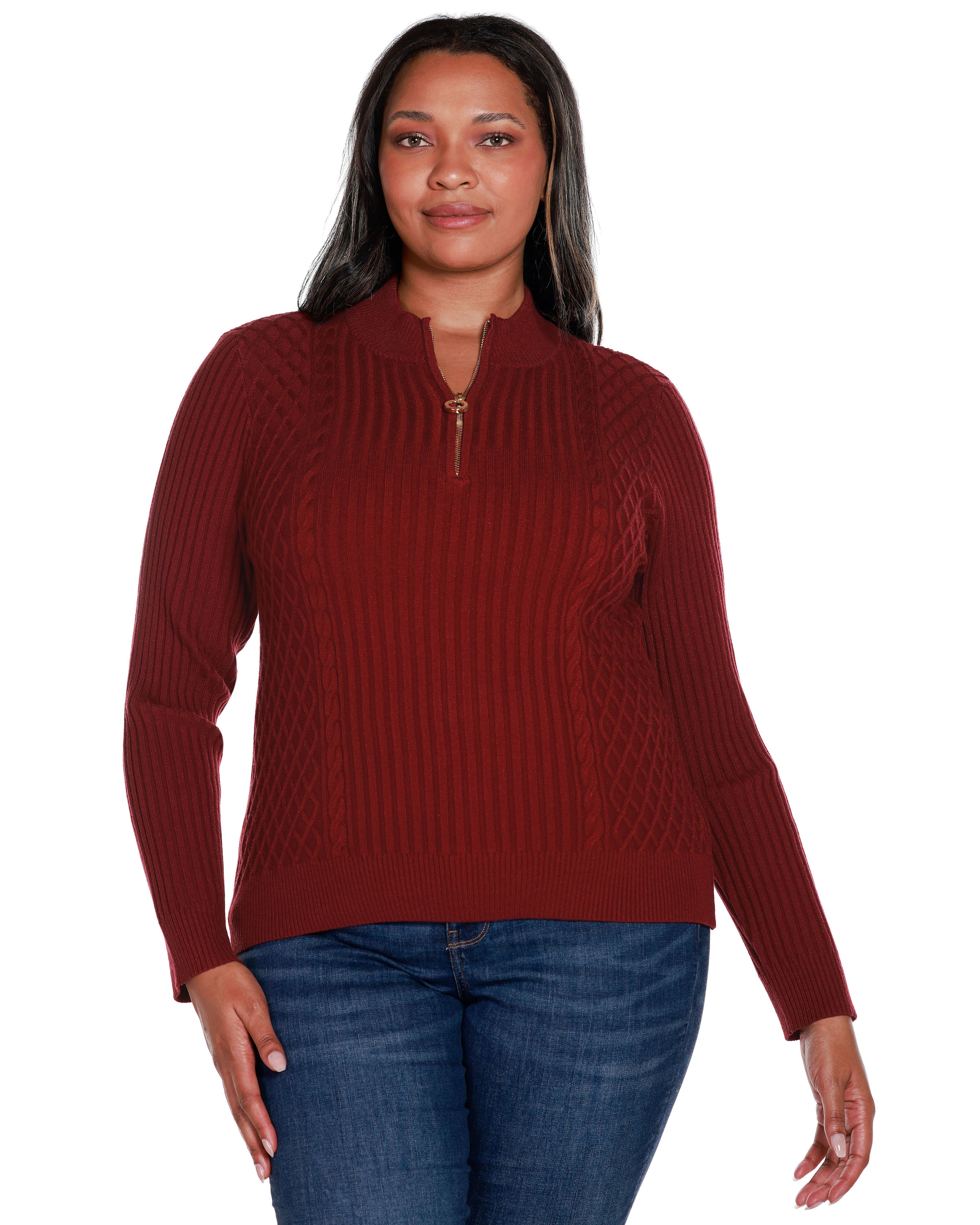 RIB AND CABLE QUARTER-ZIP SWEATER, Cranberry / New Wine, hi-res image number 0