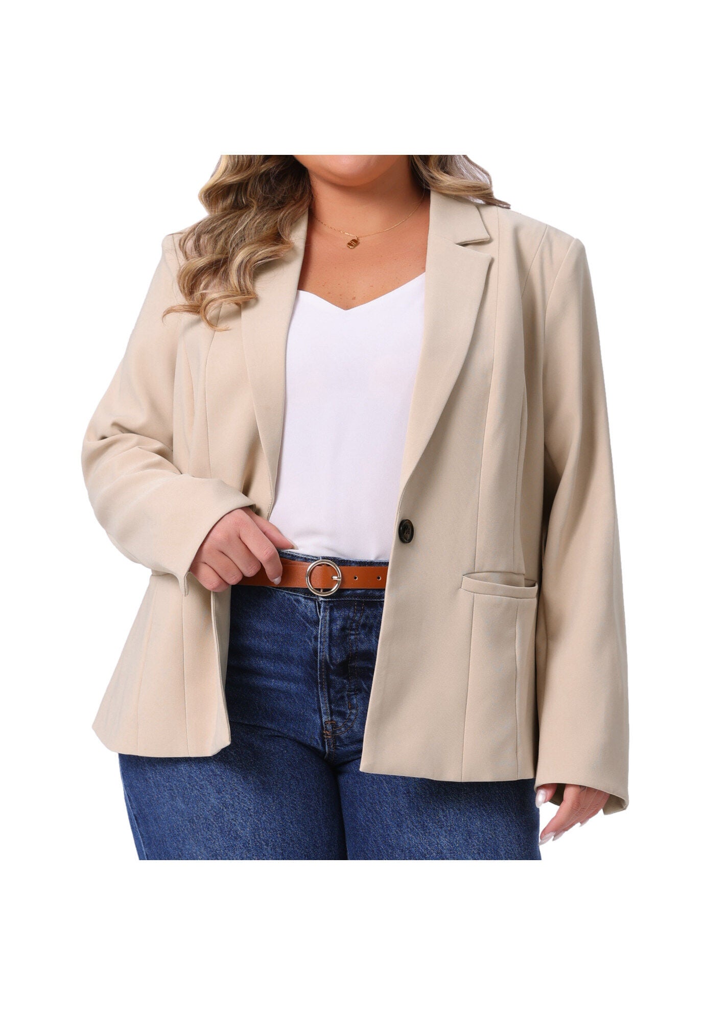 Business Casual Long Sleeve Lapel Pockets Jackets Blazer, Beige / Beige, alternate image number 2