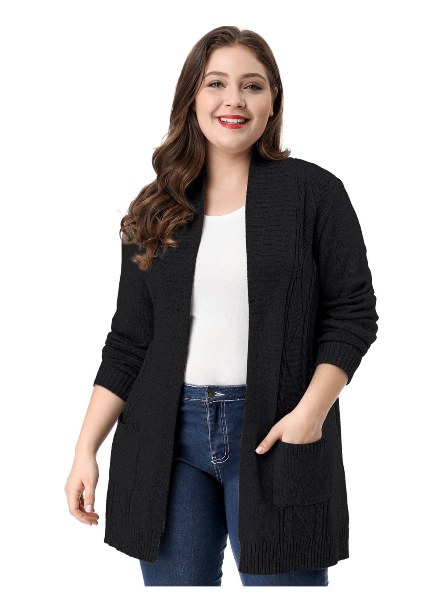 SHAWL COLLAR OPEN FRONT SWEATER CARDIGAN, Black / Black, alternate image number 2