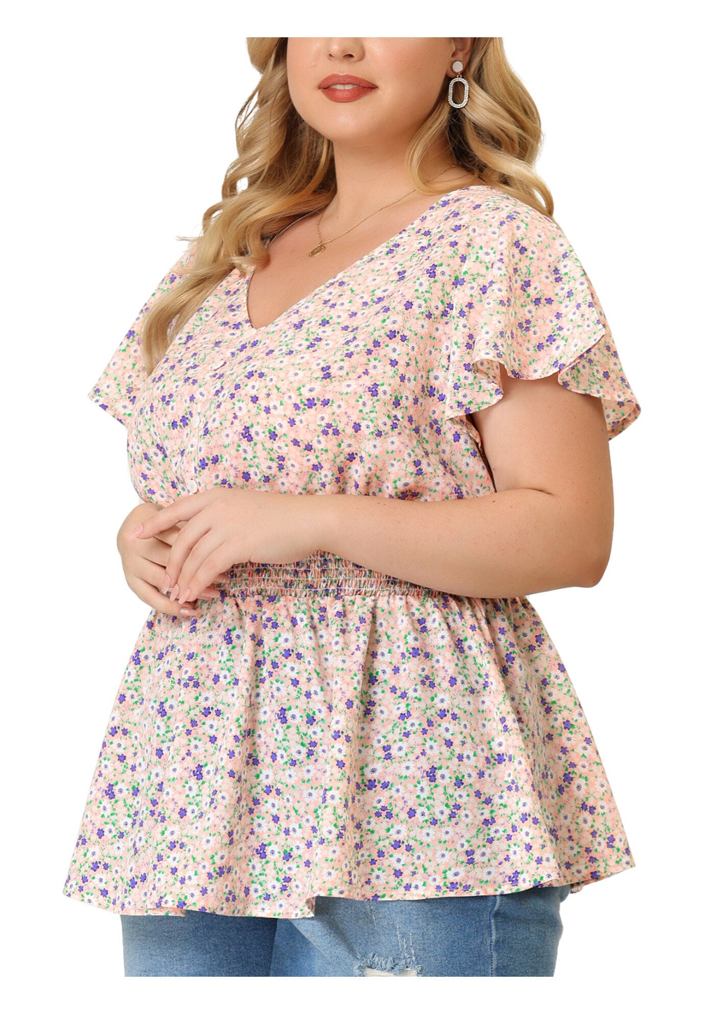 Button V Neck Smocked Waist Flare Short Sleeve Peplum Floral Blouse, Pink / Pink, alternate image number 1