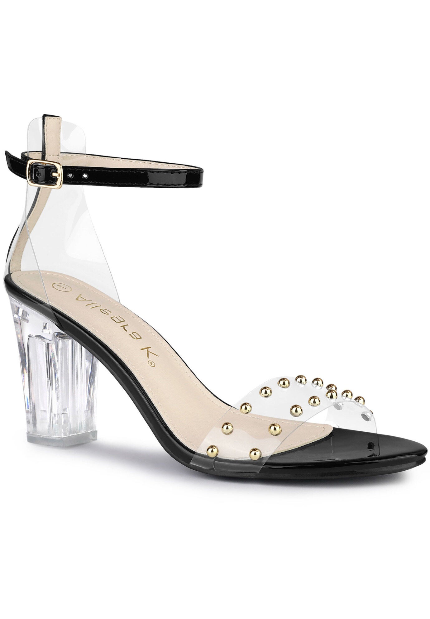 Clear Block Heel Ankle Strap Heeled Sandals, Black / Black, hi-res image number 0