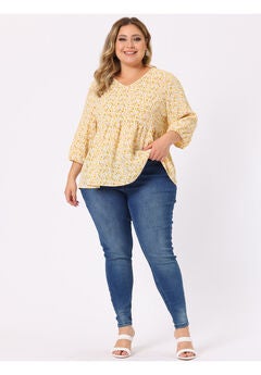 V Neck Babydoll Flowy 3/4 Lantern Sleeve Floral Blouse