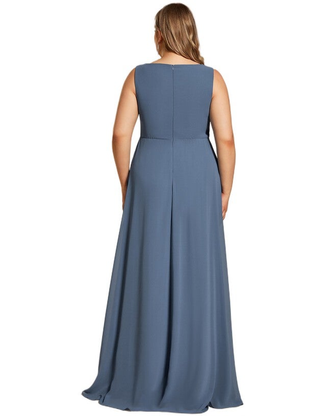 Floral Applique Sleeveless Chiffon Long Formal Evening Dress, Dusty Navy / Dusty Blue, alternate image number null
