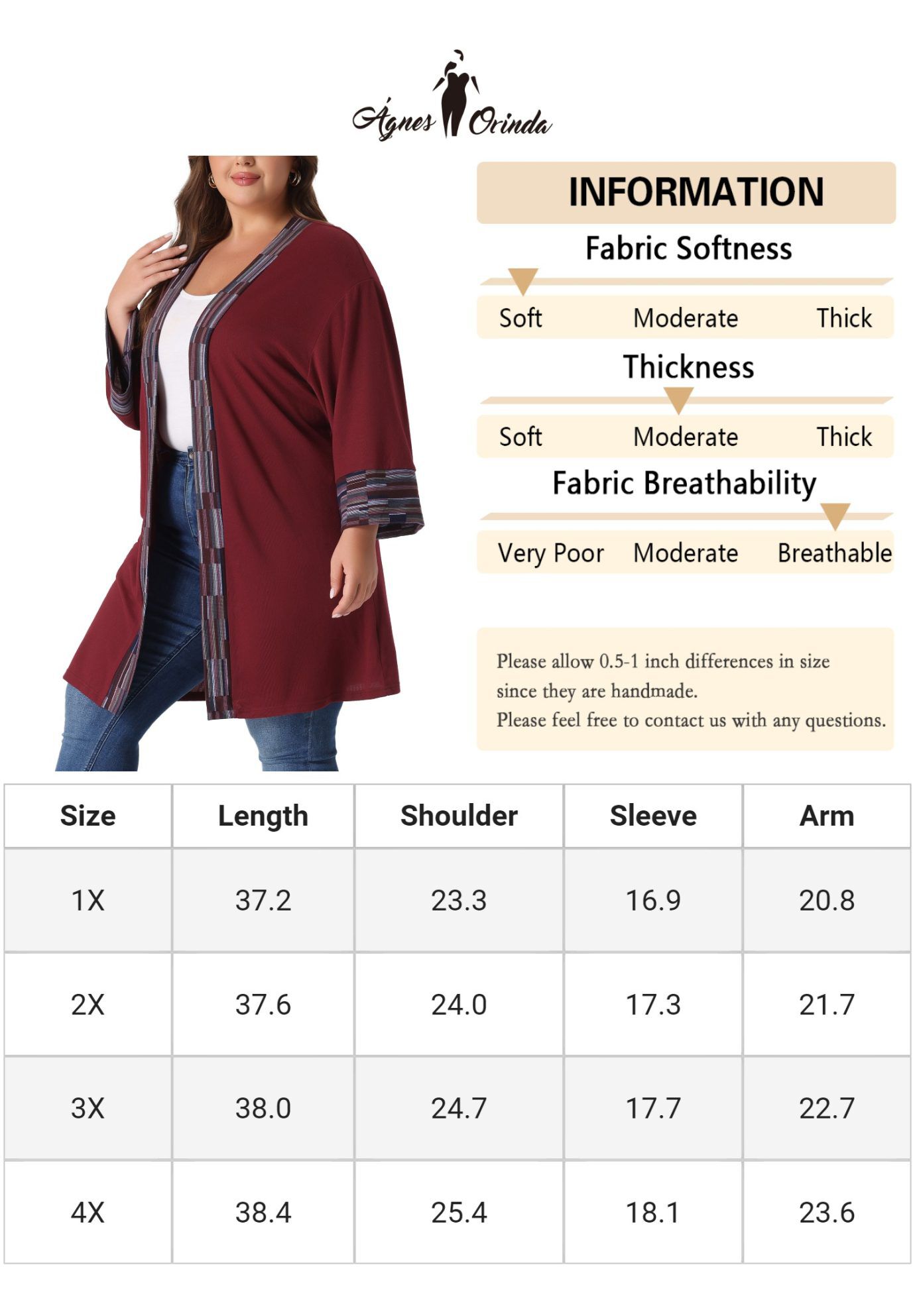 OPEN FRONT BOHO BOHEMIAN KNIT CARDIGAN, Burgundy / Red, alternate image number 4