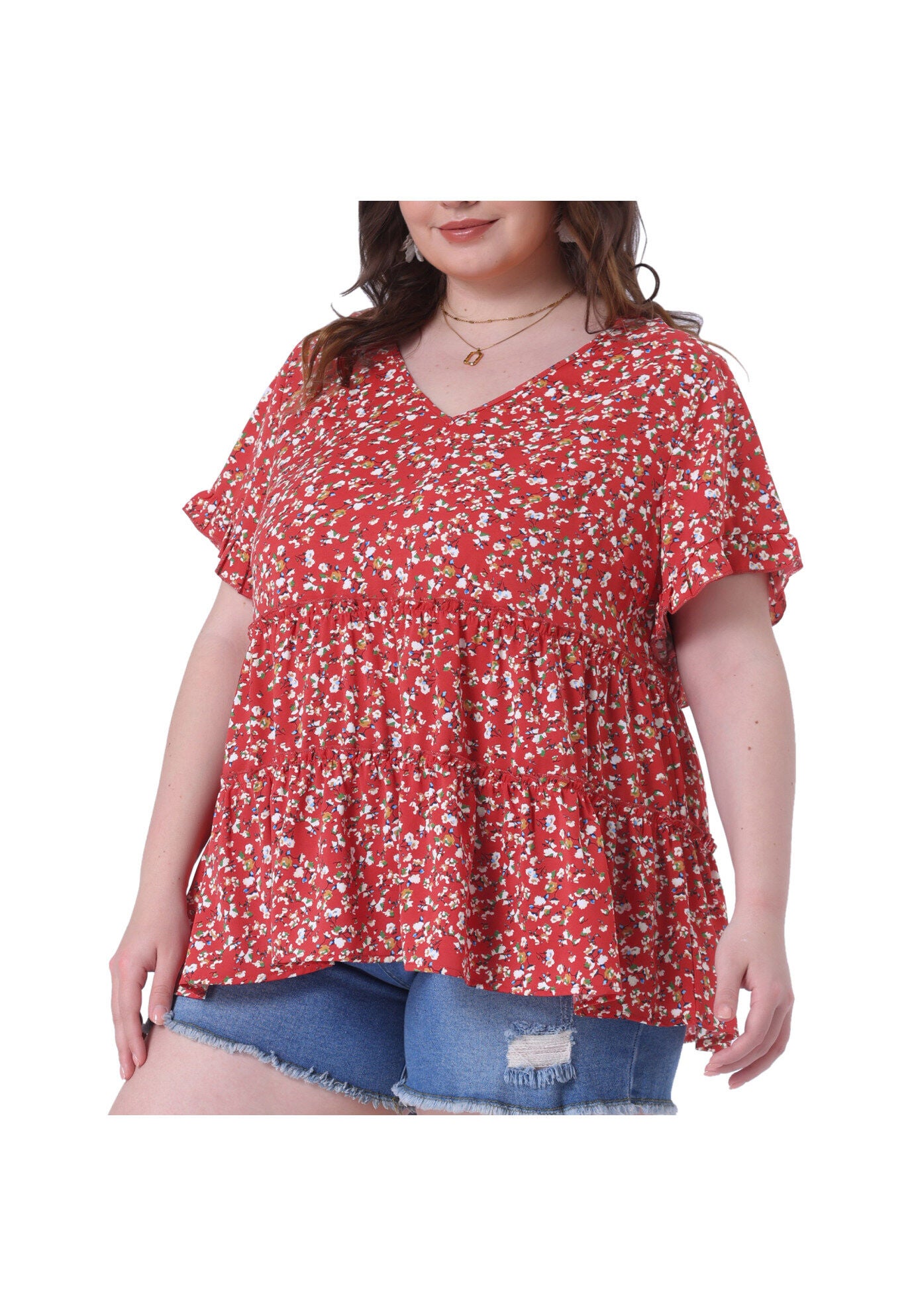 Floral Print V Neck Ruffles Sleeve Tiered Babydoll Blouse, Burgundy / Burgundy, alternate image number 1