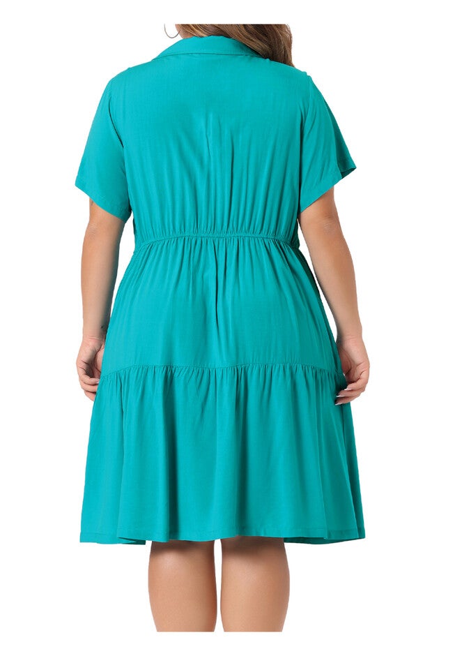Short Sleeve Button Down Flowy Tiered Shirt Chambray Dress, Blue Green / Turquoise, alternate image number 3