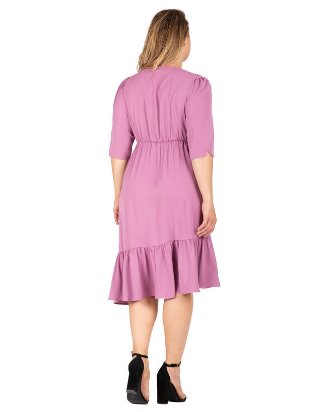 Kelsie Women's Ruched sleeve V Neck Ruffle Hem Midi Dress, , alternate image number 5