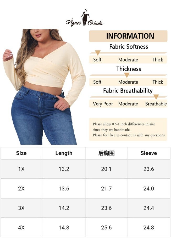 OFF SHOULDER LONG SLEEVE CROSS WRAP V NECK CROP TOP, Beige / Beige, alternate image number null