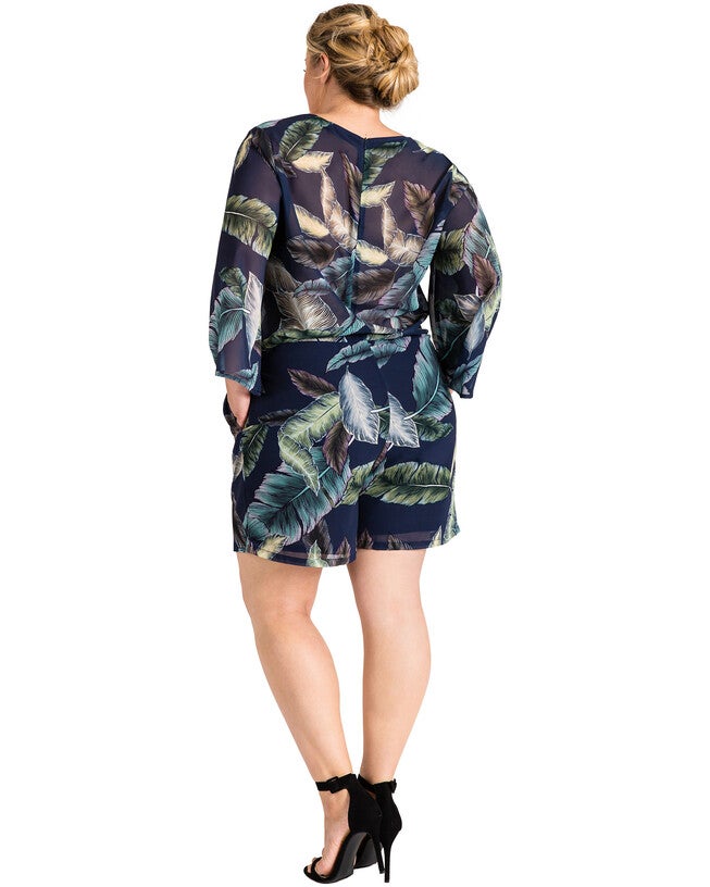 Chiffon Barbie Bell Sleeve Lace-Up Romper, LEAFPRINT / Navy, alternate image number 2