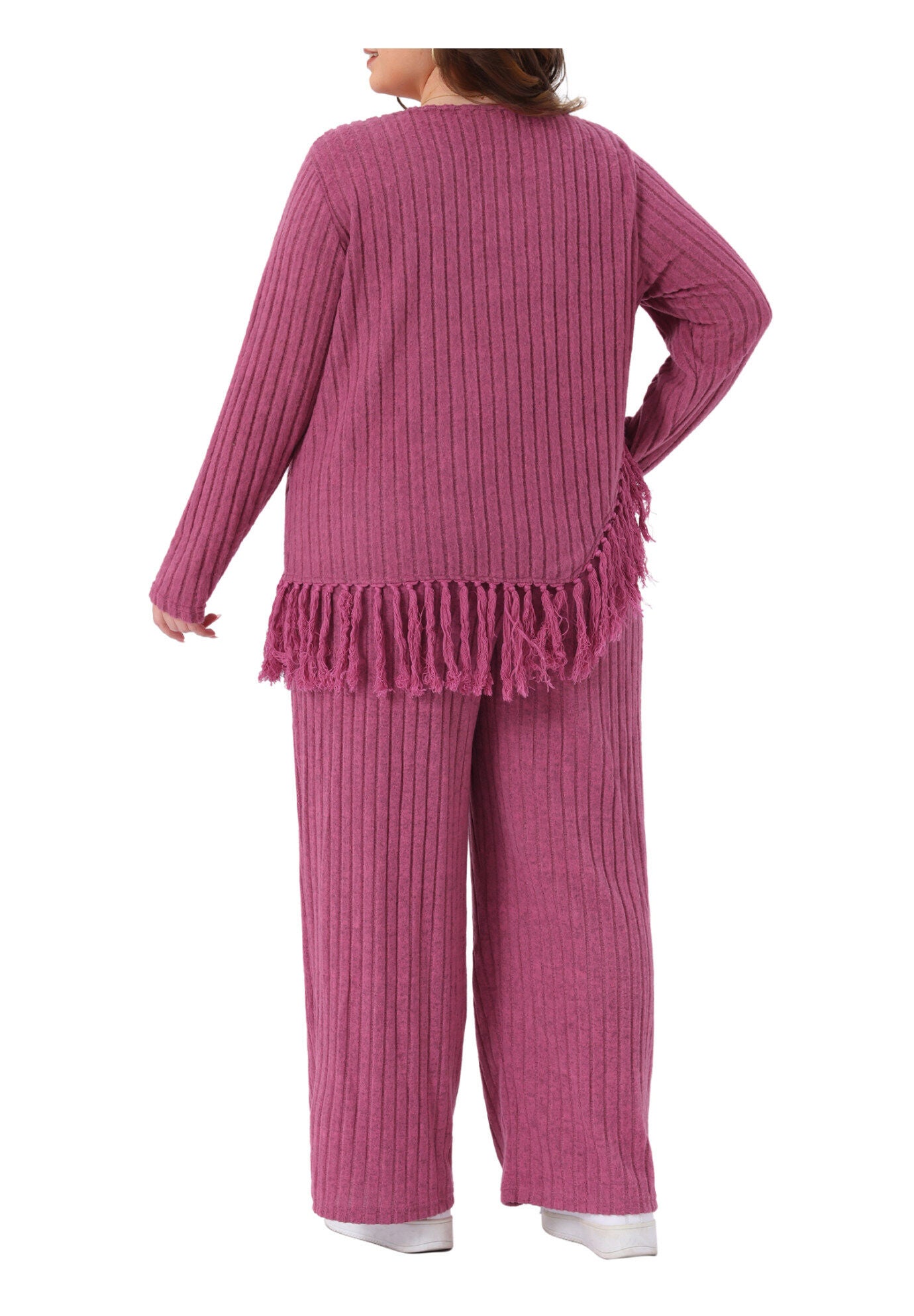 2 Piece Lounge Set Asymmetrical Fringe Hem Outfits, Hot Pink / Deep Fuchsia, alternate image number 3