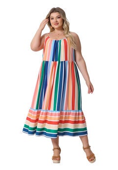 Summer Sleeveless Adjustable Straps Striped Loose Midi Cami Dress