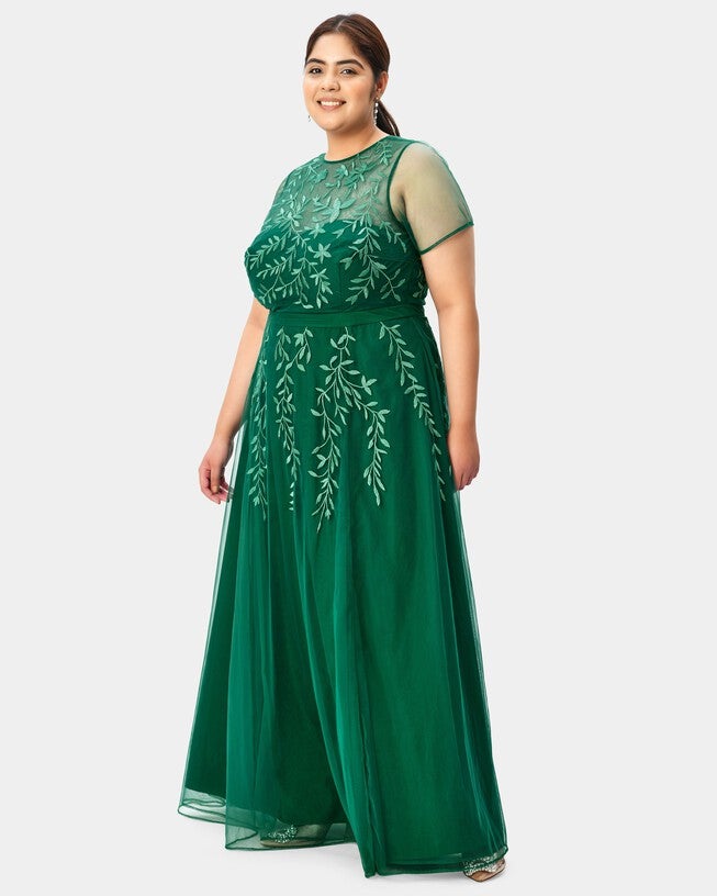 Leafy vine embroidery sheer mesh dress, Green / Forest Green, alternate image number null