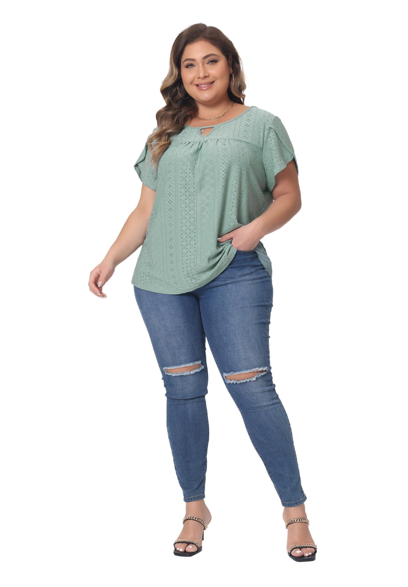 Petal Sleeve Pleated Front Key Hole Round Neck Loose Top, Green / Light Green, alternate image number 3