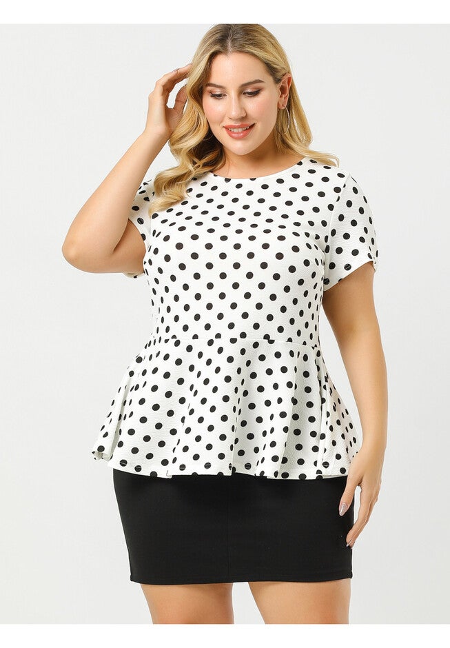 Casual Short Sleeve Polka Dots Peplum Tops Shirts, White / White, alternate image number 3