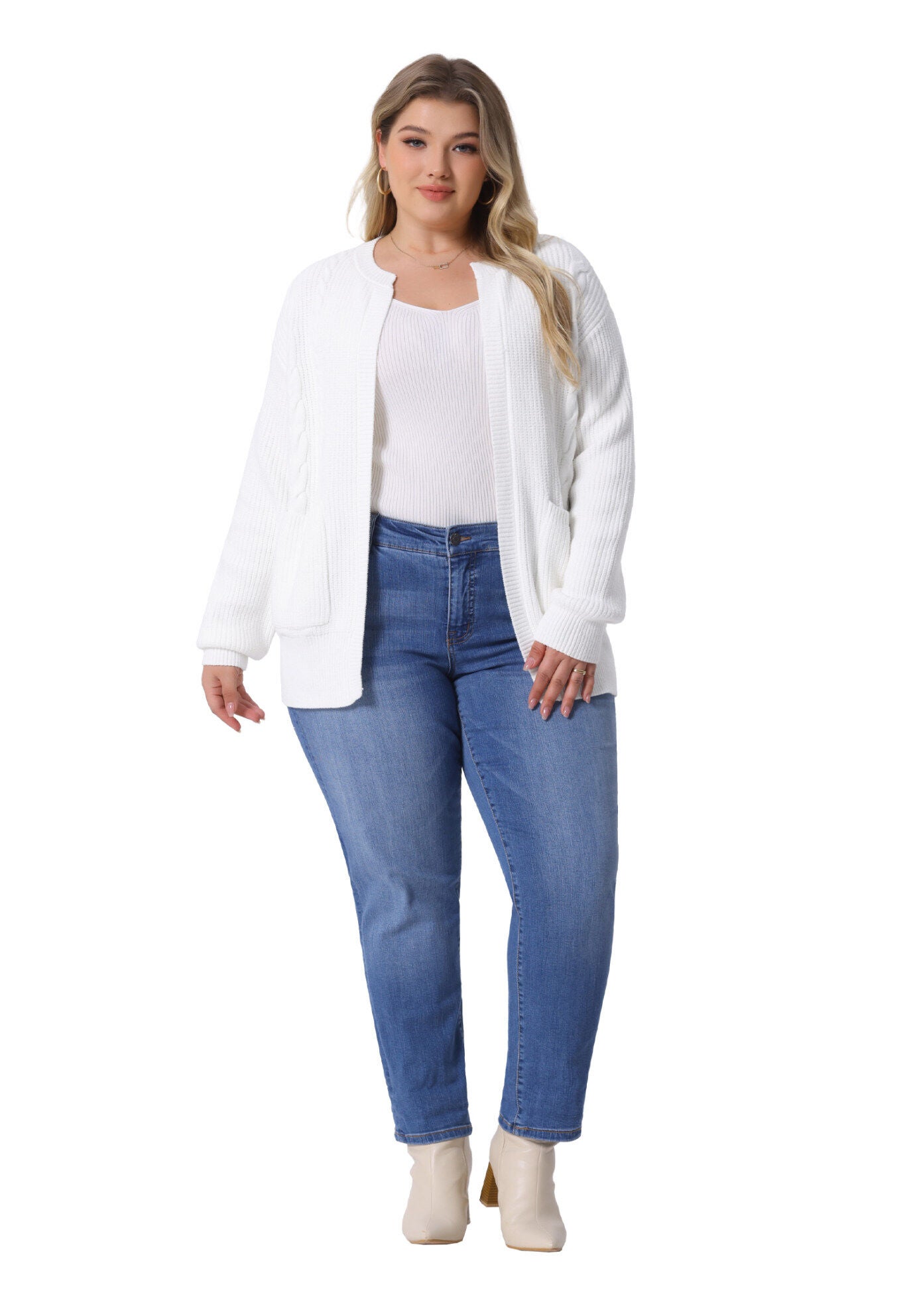 Long Sleeve Crew Neck Knit Cardigan Sweaters with Pockets, White / White, hi-res image number 0