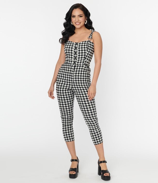 Unique Vintage Black & White Gingham Eartha Jumpsuit, Black White Gingham / Black, alternate image number null