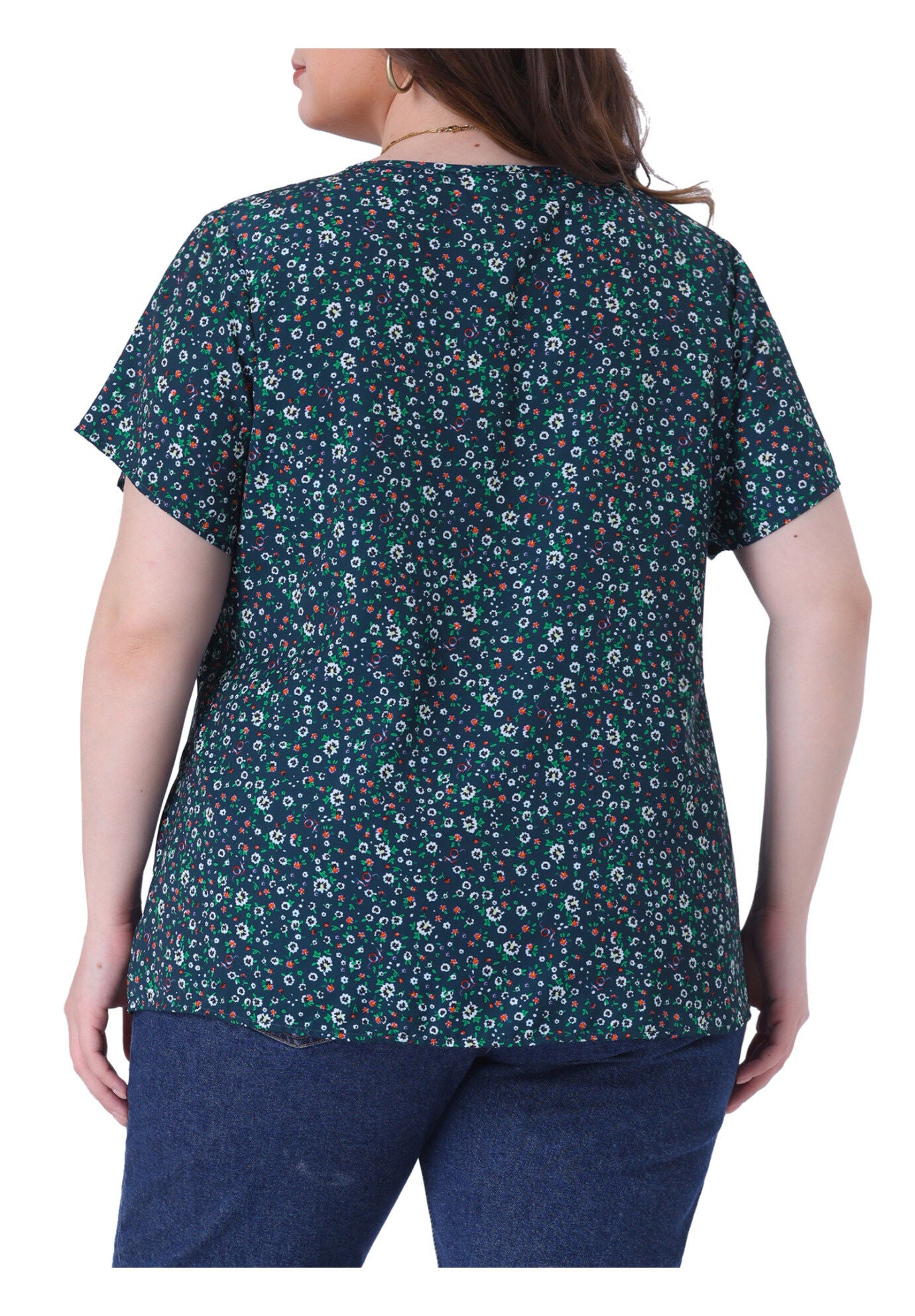 Summer Top Floral Half Placket Short Sleeve Casual Blouse, Dark Blue / Navy, alternate image number 3