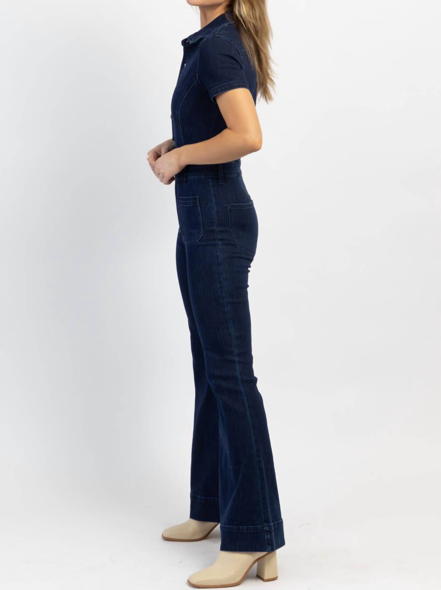 Good Karma Denim Flare Jumpsuit In Blue, , alternate image number 4