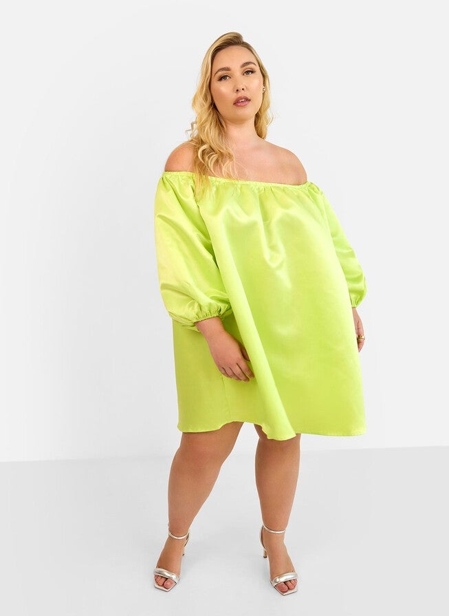 GIULIA OFF SHOULDER MINI SHIFT DRESS - LIME GREEN, Green / Light Green, alternate image number null