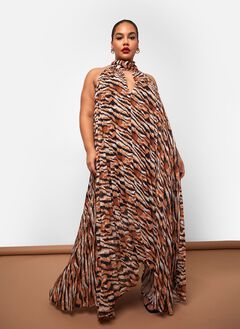 MERYEM TIGER HALTER NECK MAXI SHIFT DRESS