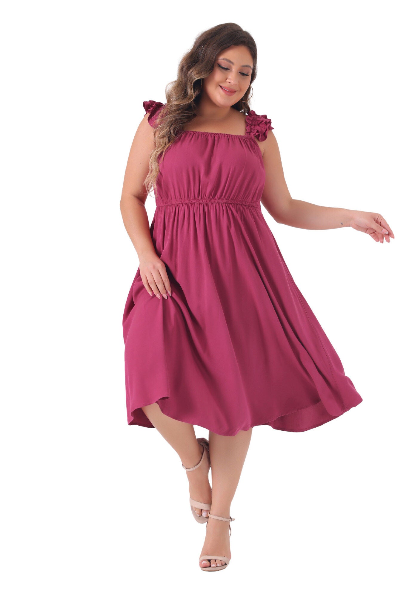 Ruffle Cap Sleeve Shirred Waist A Line Beach Sundress, Hot Pink / Pink, hi-res image number 0