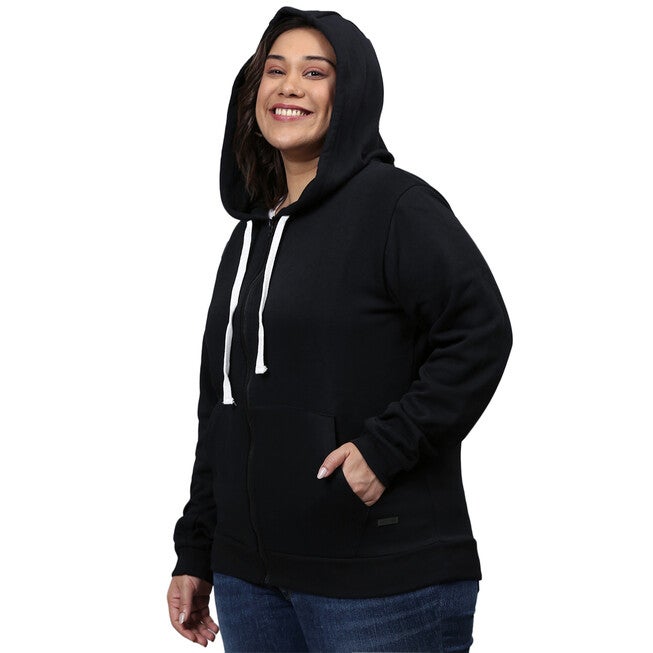 Solid Stylish Casual Hooded Sweatshirt, Black / Black, alternate image number null