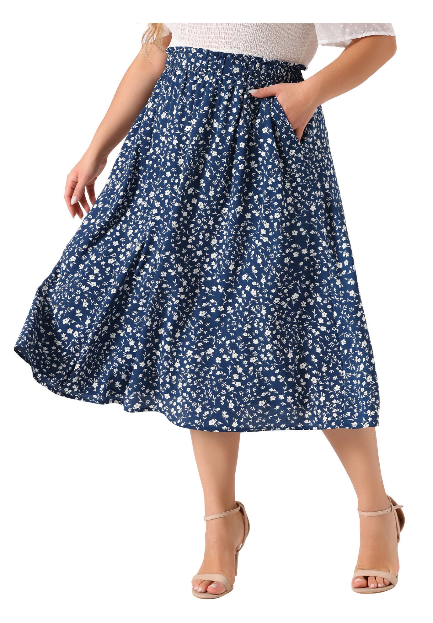 Printed Chiffon Elastic Waist Flowy Midi Skirt with Pockets, Navy Blue / Navy, alternate image number 2