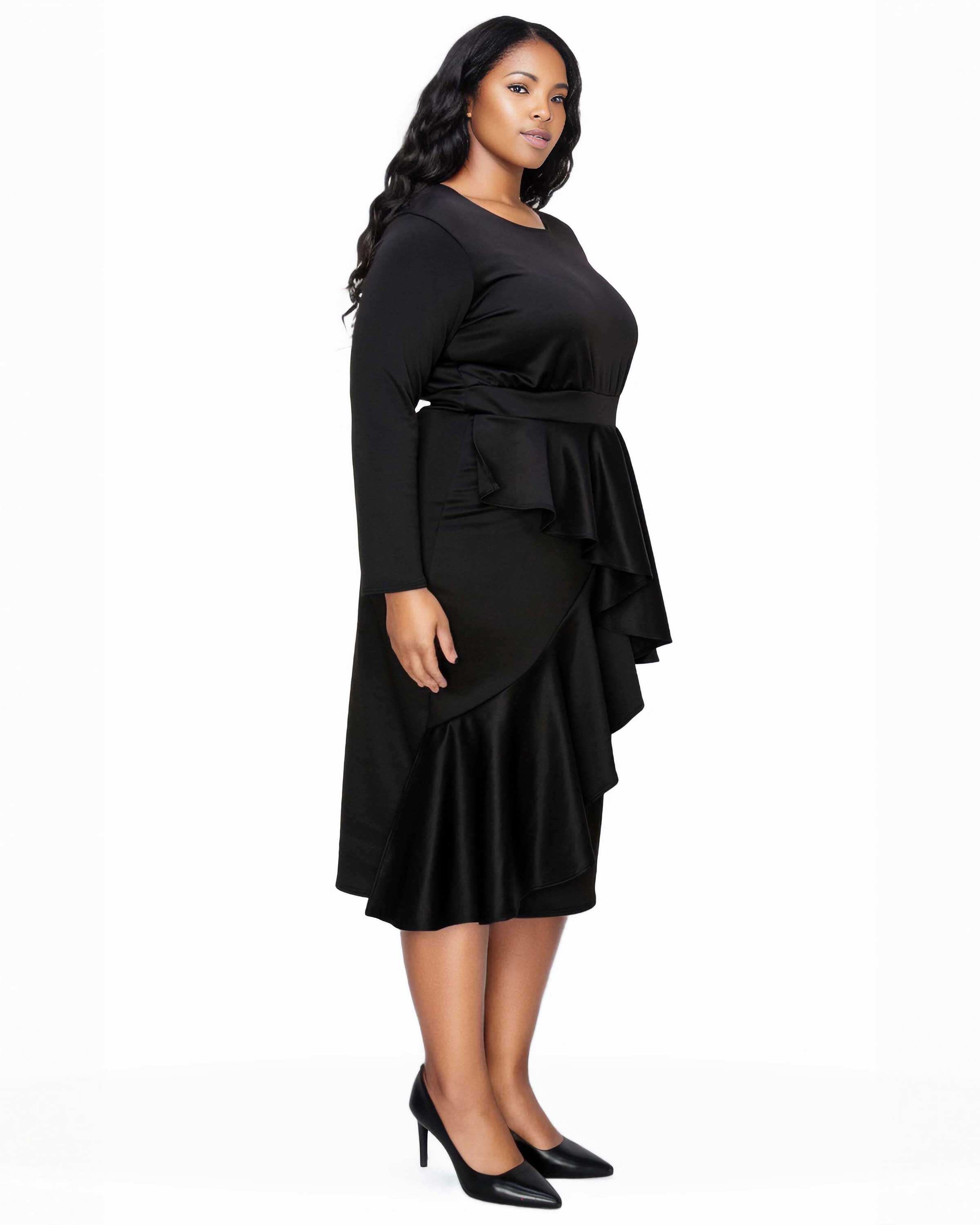 ALEXANDRA RUFFLED BODYCON DRESS, Black / Black, alternate image number 1