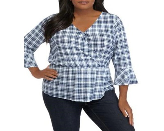 Michael Kors Women's Plus Size Plaid Bell-Sleeve Top Blue Size 1X, Blue / Navy, hi-res image number 0