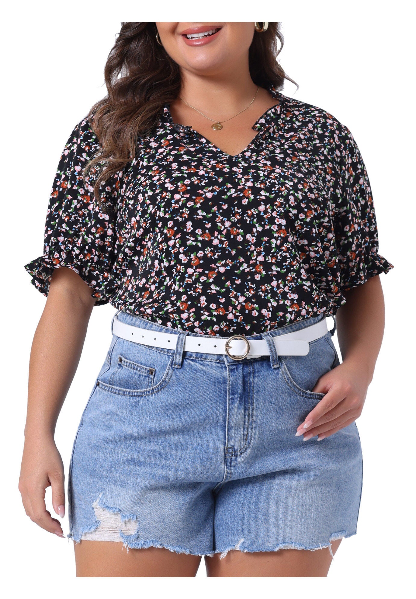 Floral V Neck Ruffle Puff Short Sleeve Blouse, Black / Black, alternate image number 3