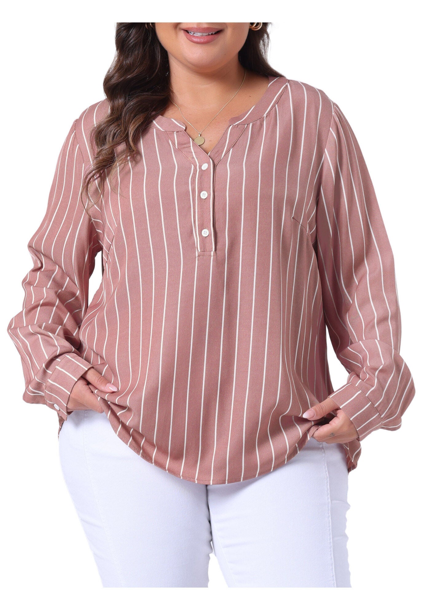 Long Sleeve Button Down Shirt Top, Pink / Pink, alternate image number 2