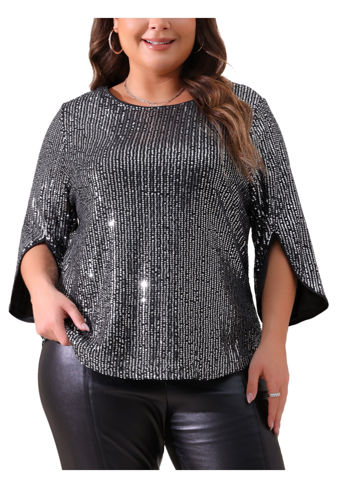 Glitter 3/4 Slit Sleeve Shimmer Sequin Blouse Top, Black / Black, alternate image number 2