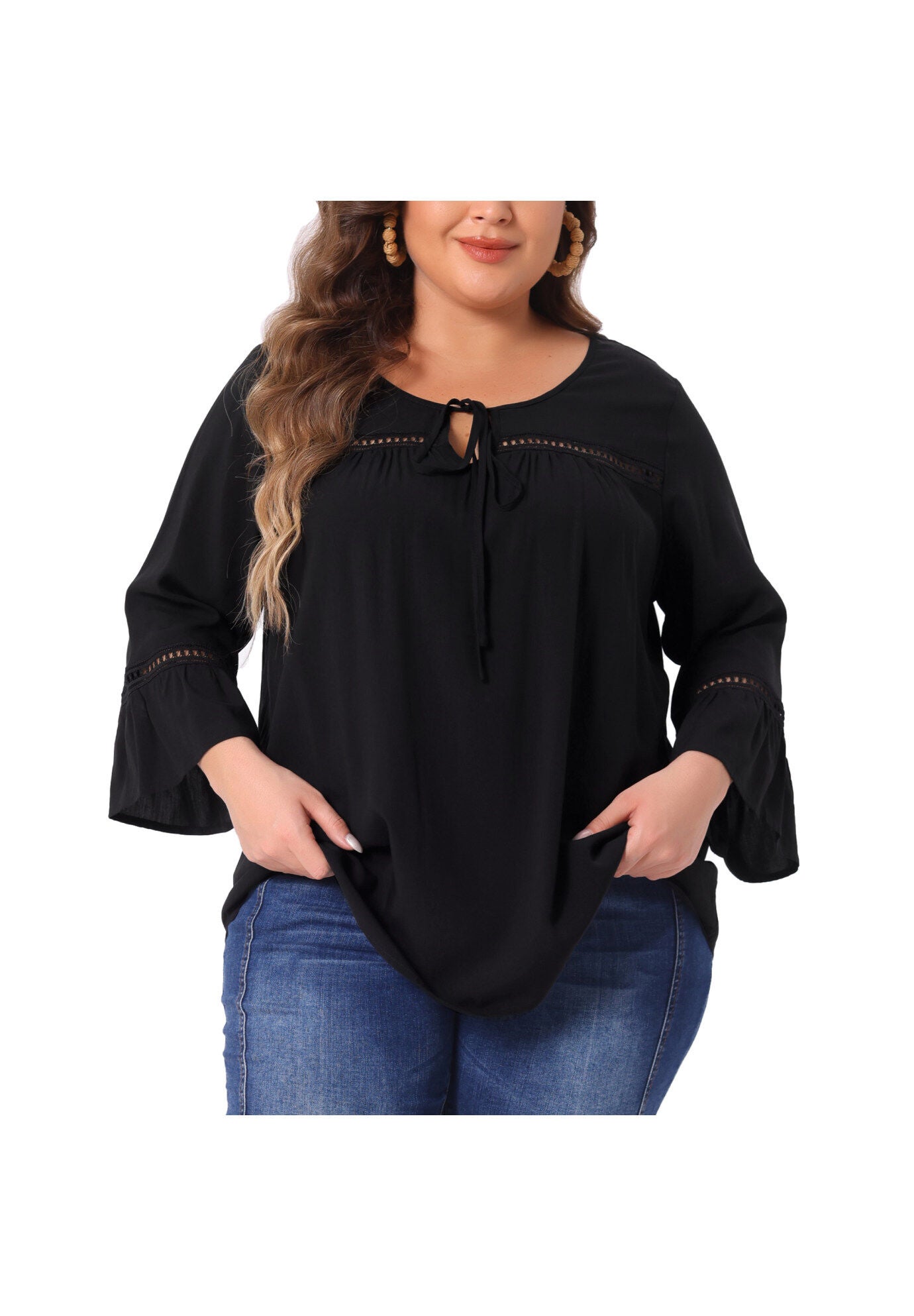 3/4 FLARE SLEEVE PEASANT KEYHOLE TIE BLOUSE TOP, Black / Black, alternate image number 1