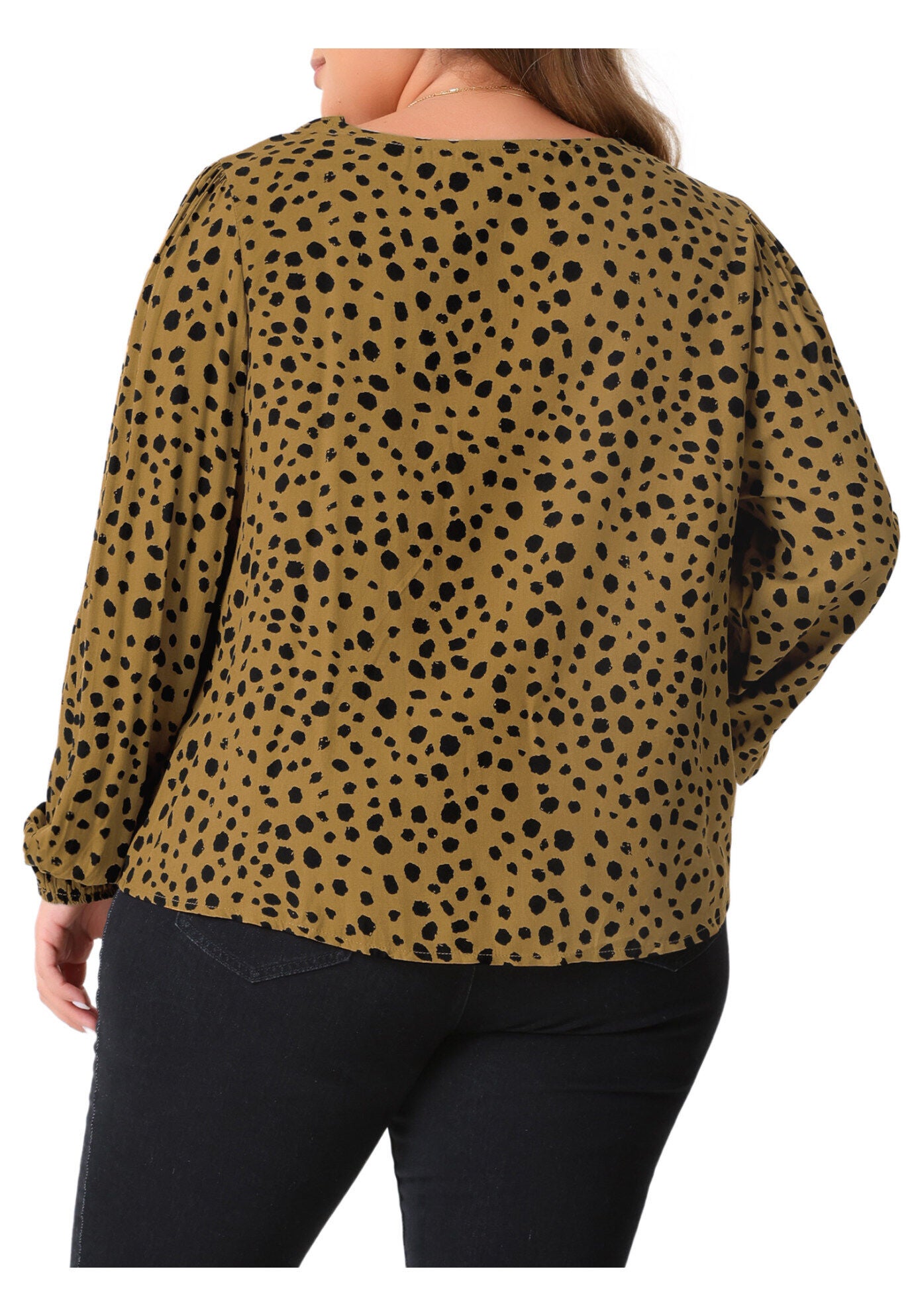 Polka Dot V Neck Long Sleeve Blouse Shirt, Brown / Brown, alternate image number 3