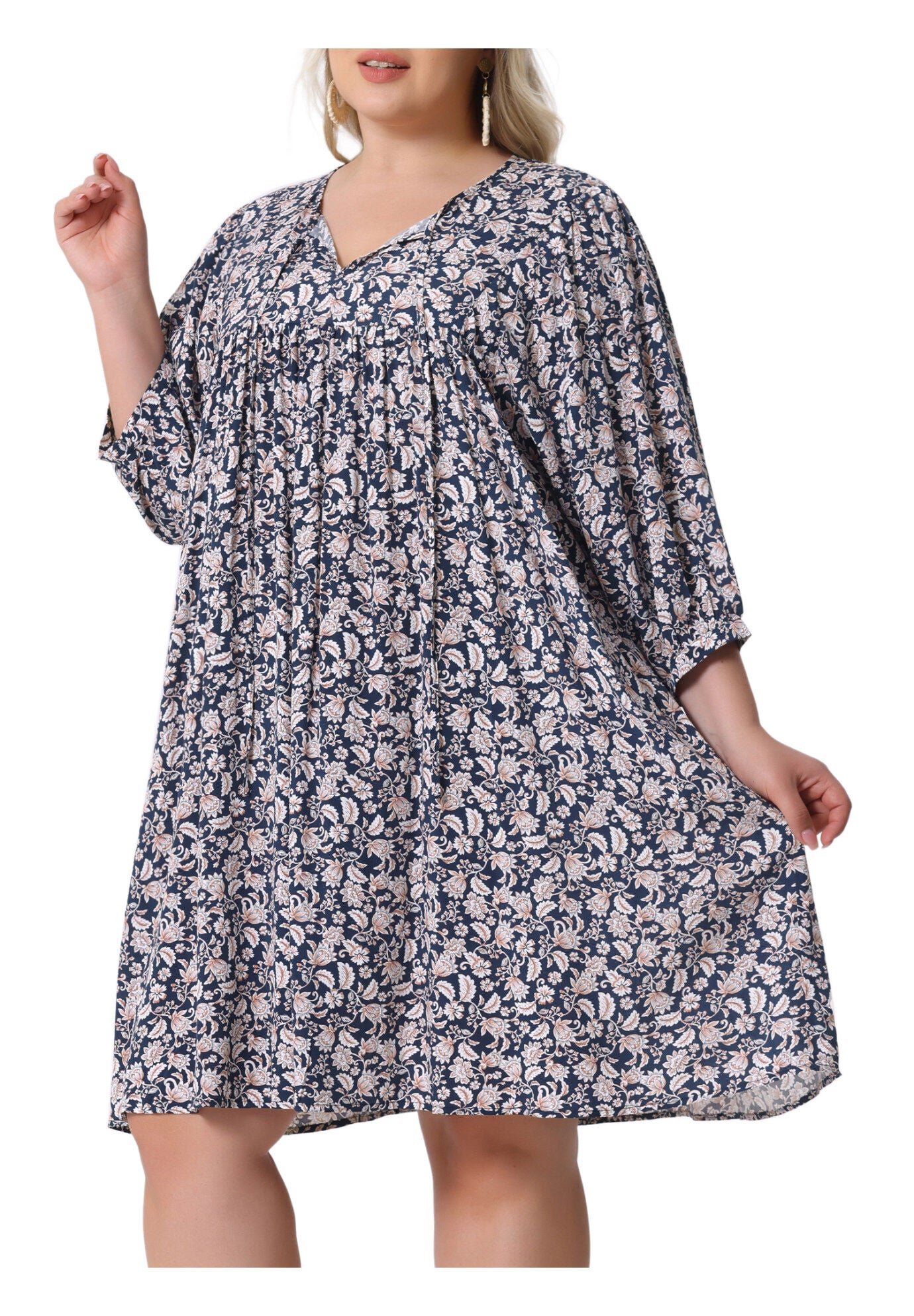 Summer Drawstring V Neck Babydoll Midi Flowy Sundress, Navy Blue / Navy, alternate image number 2