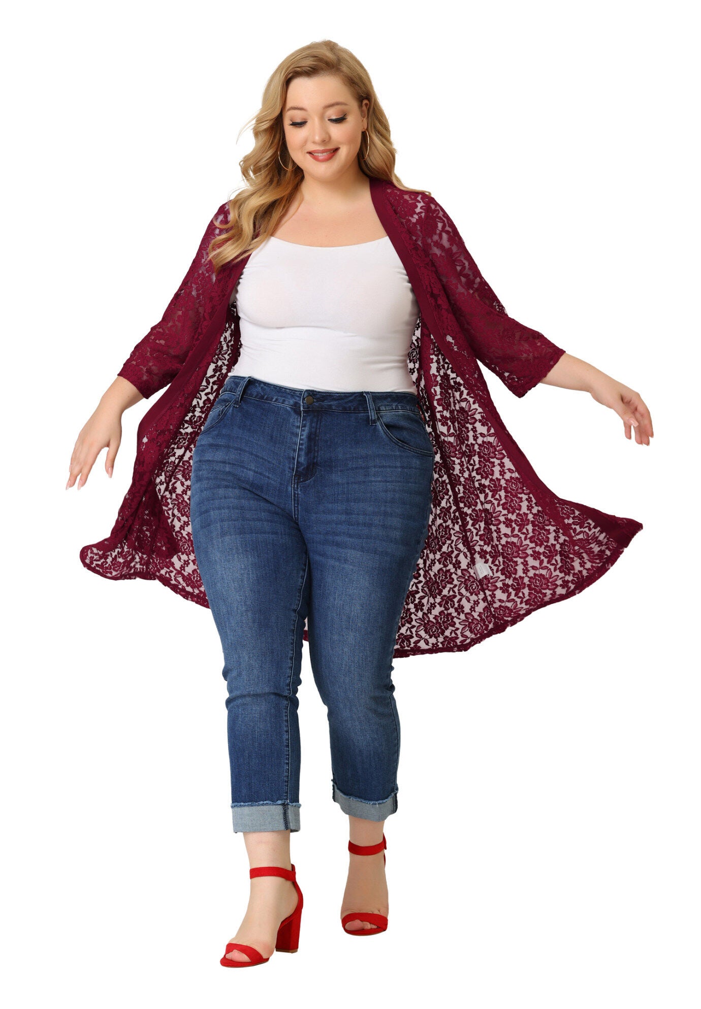 LACE CROCHET 3/4 SLEEVE COVER UP CARDIGAN, Burgundy / Red, alternate image number 4