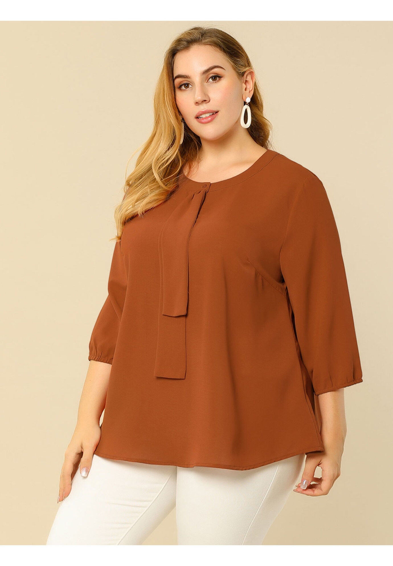 Work Round Neck Ruffle Chiffon Blouse Top, Caramel / Orange, alternate image number 3