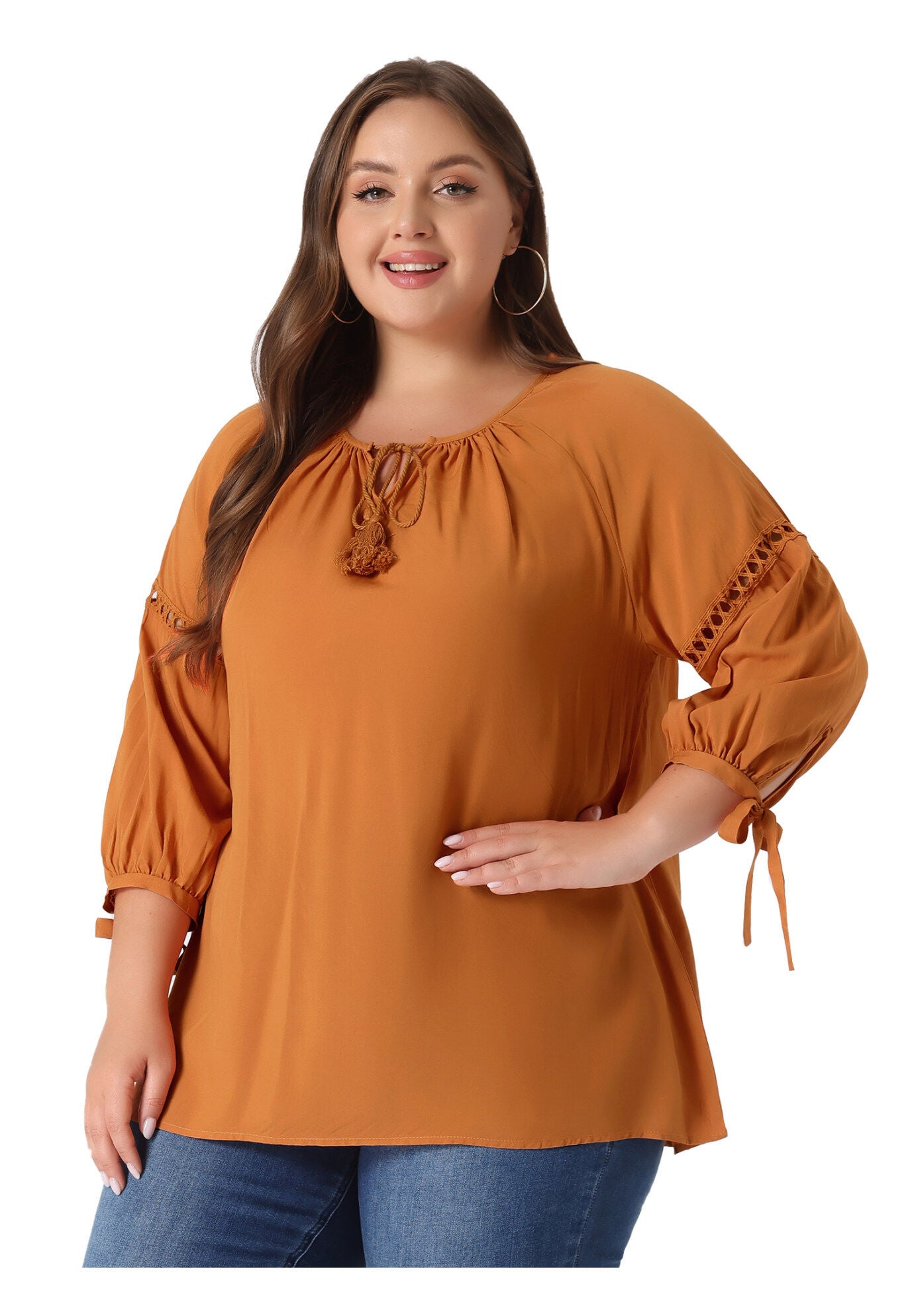 RAGLAN SLEEVES HOLLOW OUT TIE NECK PEASANT TOP, Orange / Orange, alternate image number 2