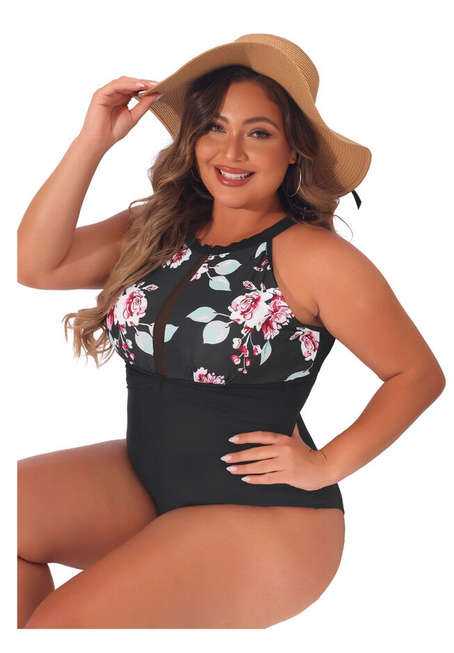 Bikini Swimsuit Floral Swimwear Flattering High Waisted, Black / Black, hi-res image number 0