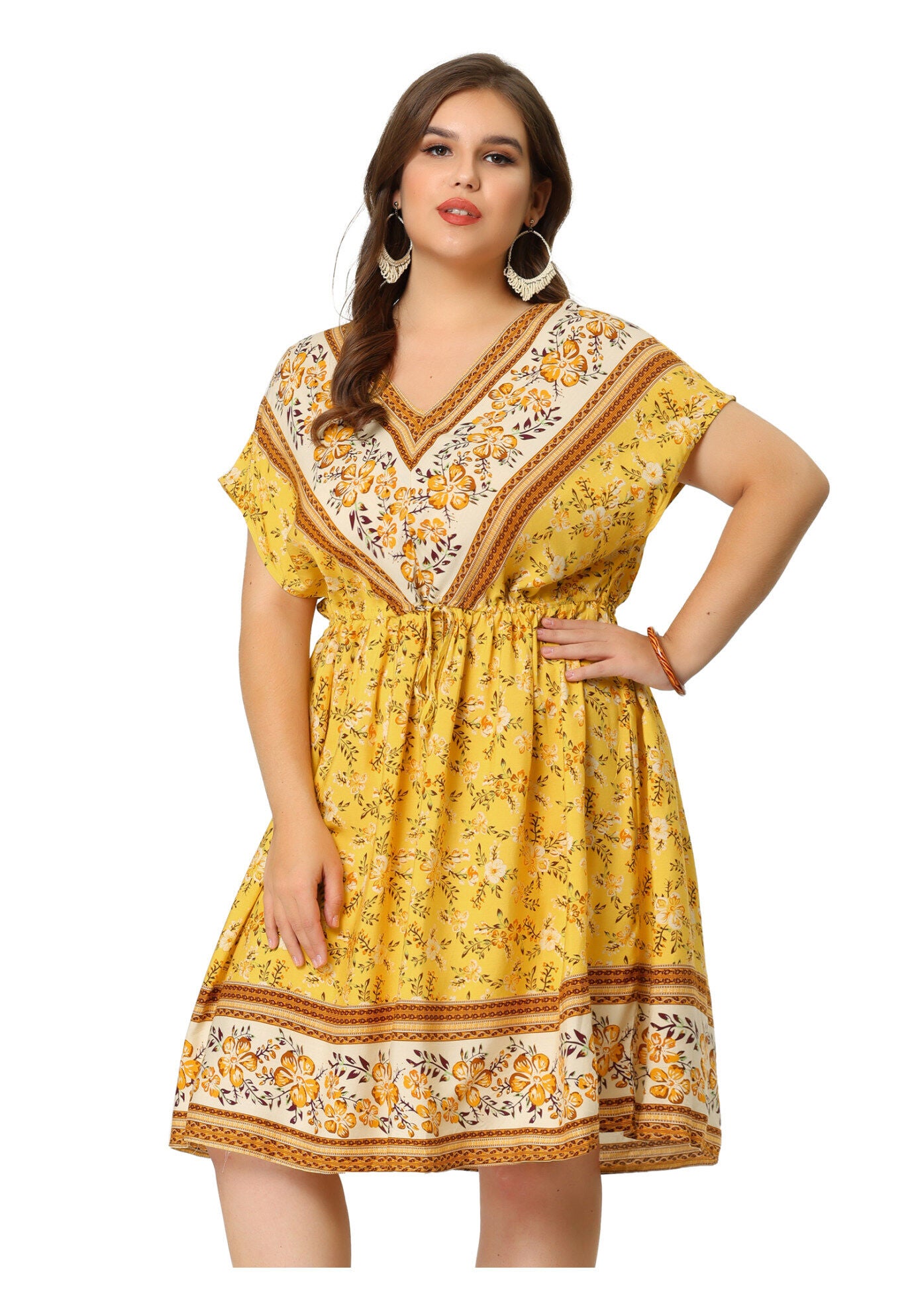 Boho Summer V Neck Drawstring Waist Short Sleeve Floral Print Dress, Yellow / Yellow, alternate image number 4