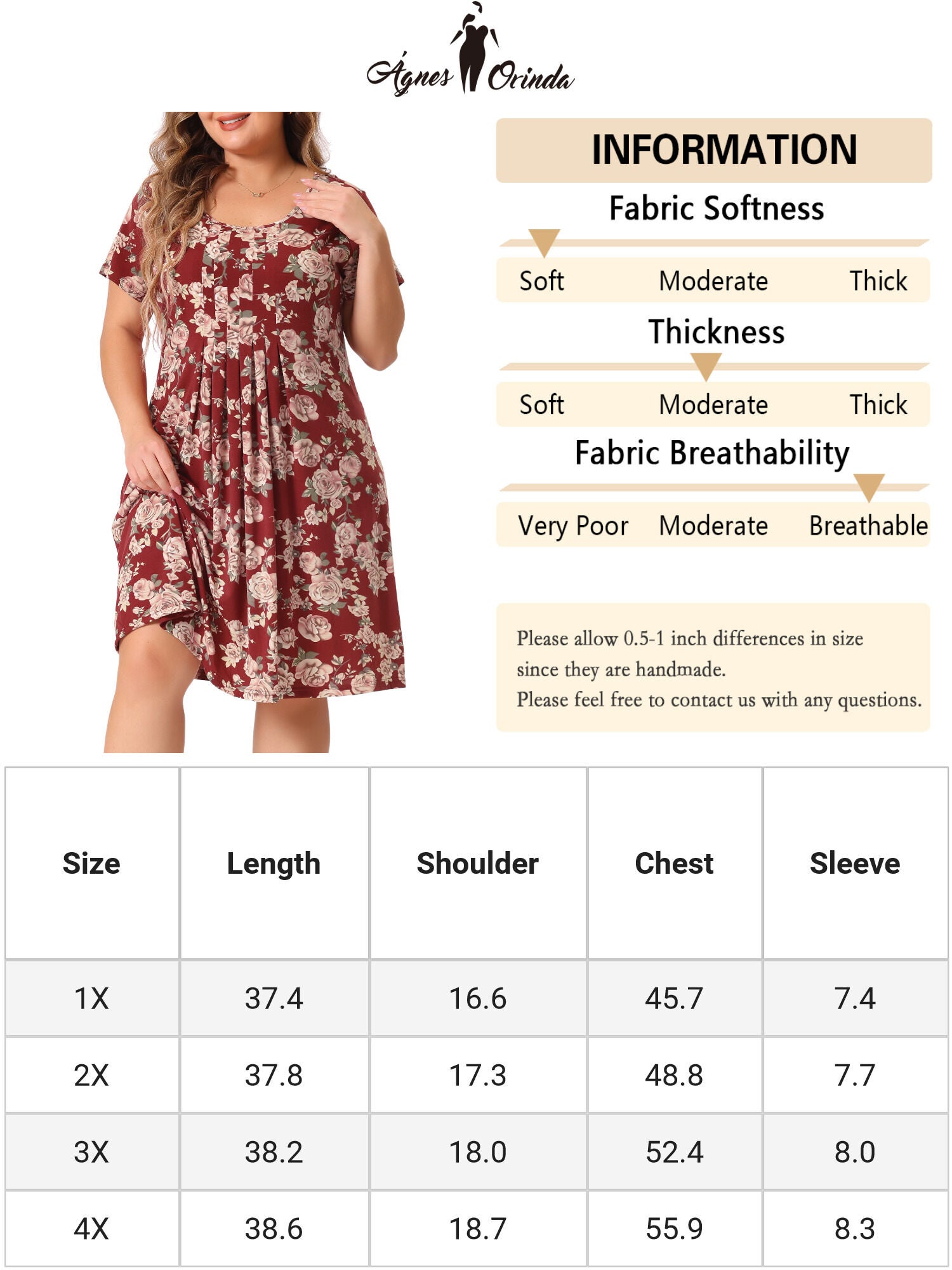 Short Sleeves Pleated Summer Beach Casual Loose Floral Dress, Burgundy / Red, alternate image number 3