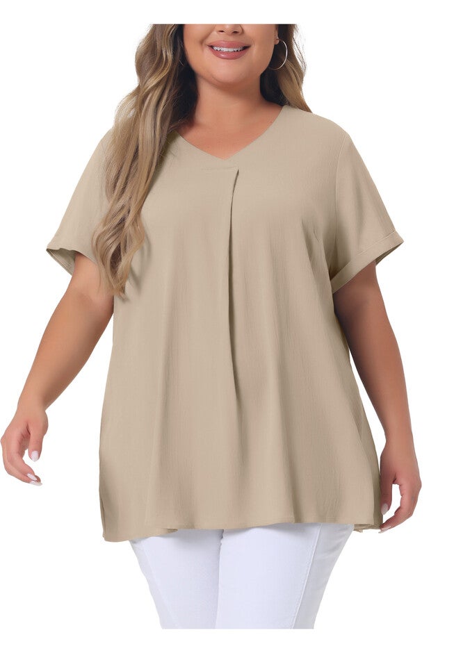 Chambray Pleat Front V Neck Short Sleeve Blouse Top, Khaki / Brown, alternate image number 2