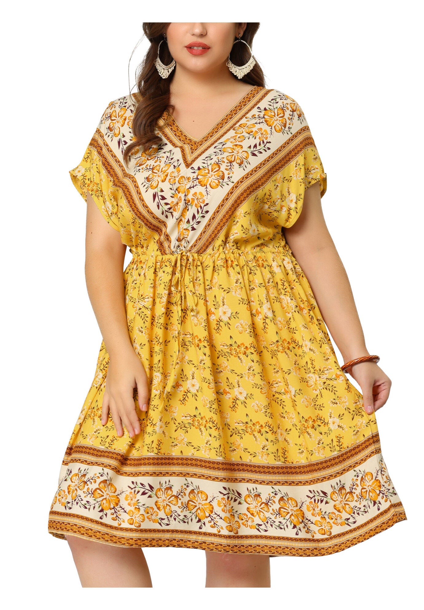 Boho Summer V Neck Drawstring Waist Short Sleeve Floral Print Dress, Yellow / Yellow, alternate image number 3
