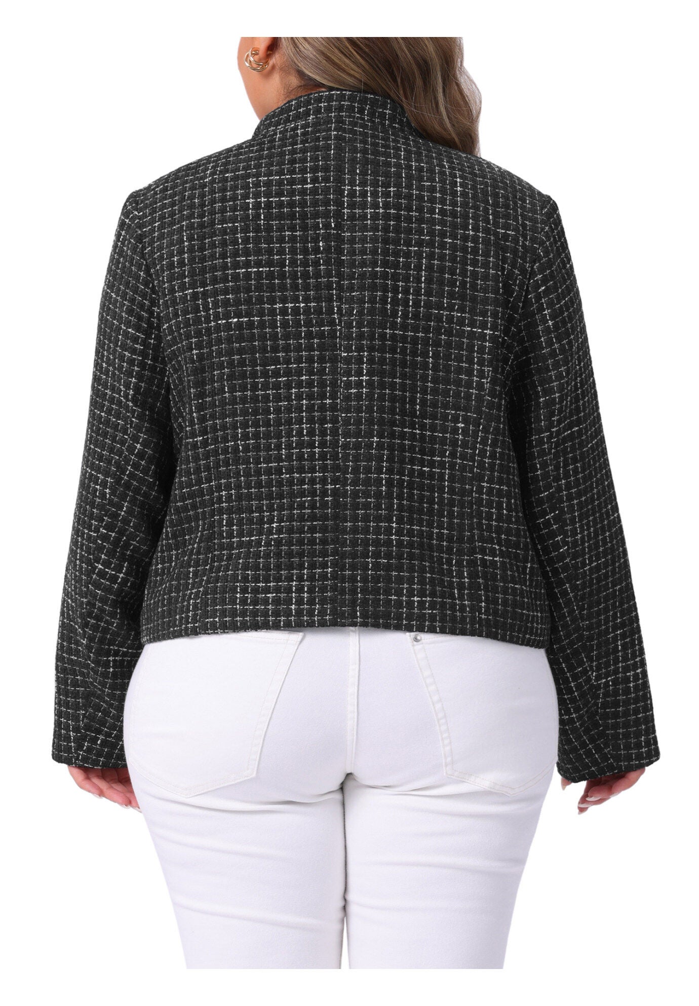 Tweed Long Sleeve Casual Cropped Jacket with Pockets, Black / Black, alternate image number 3