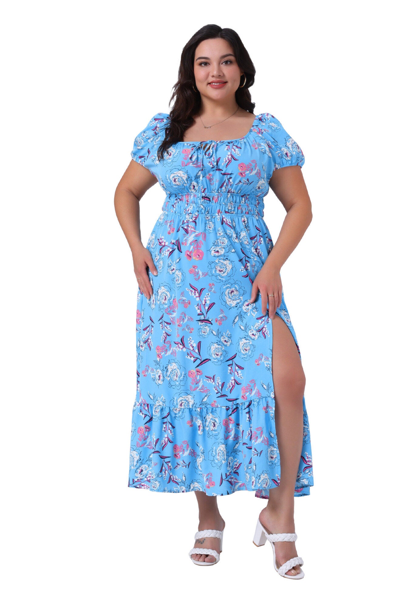 Square Neck Floral Short Sleeve Side Slit A Line Maxi Floral Dress, Blue / Light Blue, hi-res image number 0