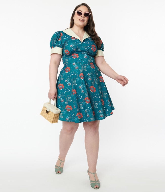 Unique Vintage Teal & Red Floral Chain Print Swing Dress, TealFloral / Teal, hi-res image number 0