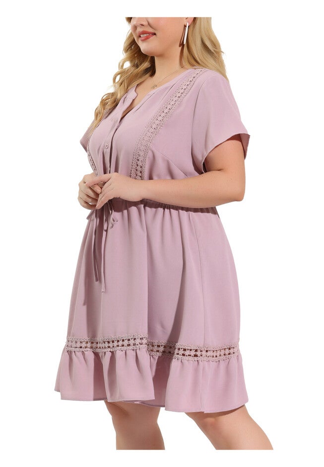 Button V Neck Summer Midi Ruffle A Line Swing Dress, Gray Purple / Pink, alternate image number 1